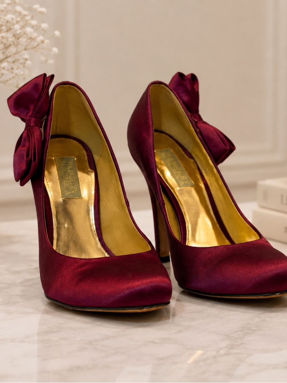 Badgley Mischka Satin Bow Pumps - Burgundy